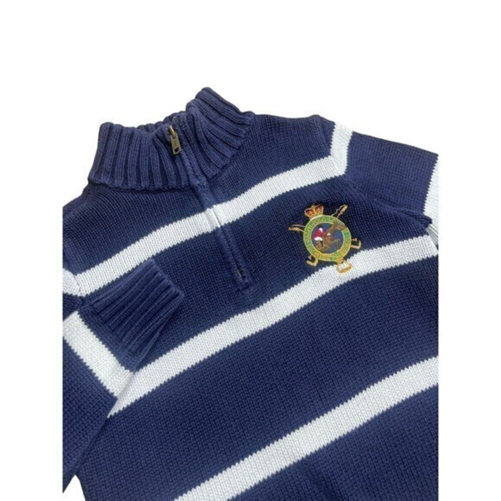 Polo Ralph Lauren Boys Kids Pullover Sweater Quarter Zip Striped White Navy Sz 6